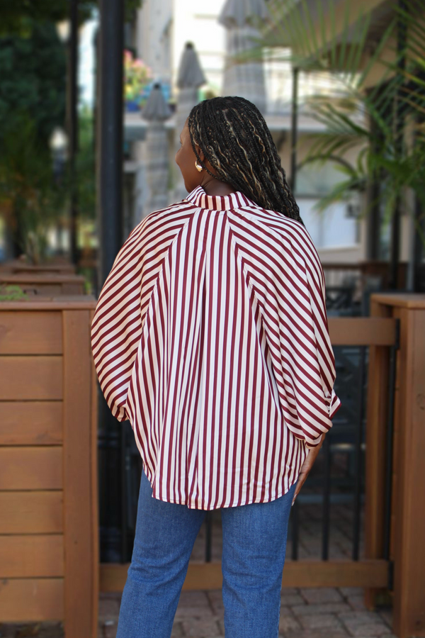 Business & Pleasure Stripe Balloon Sleeve Blouse, Burgundy