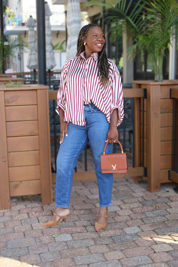 Business & Pleasure Stripe Balloon Sleeve Blouse, Burgundy