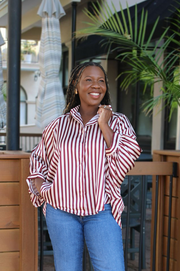 Business & Pleasure Stripe Balloon Sleeve Blouse, Burgundy