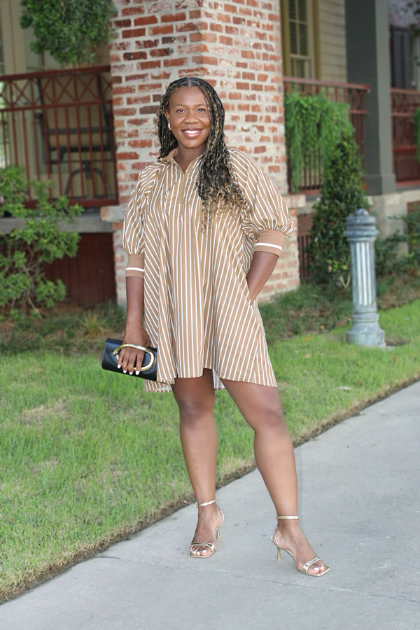 Make It Look Easy Half-Zip Stripe Dress, Taupe