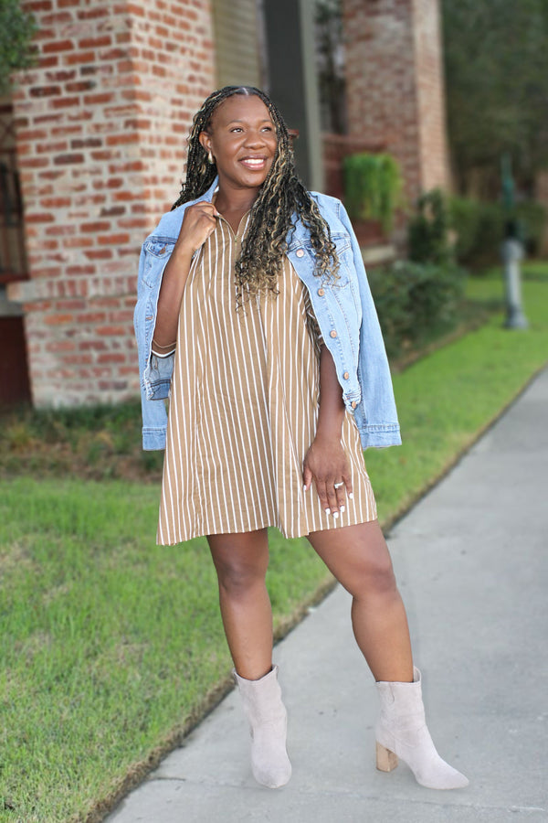 Make It Look Easy Half-Zip Stripe Dress, Taupe
