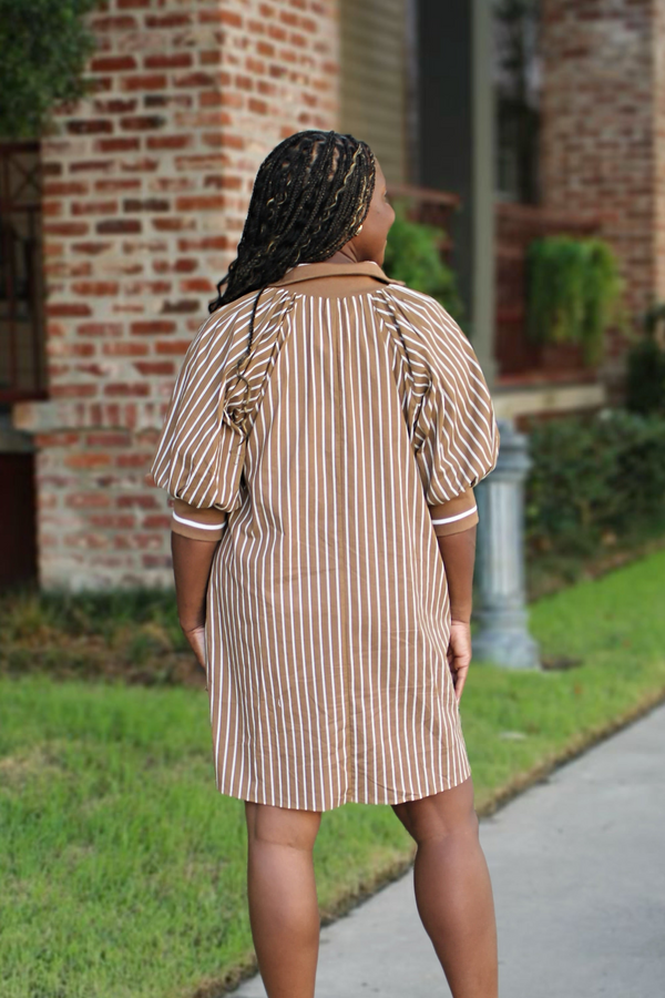 Make It Look Easy Half-Zip Stripe Dress, Taupe
