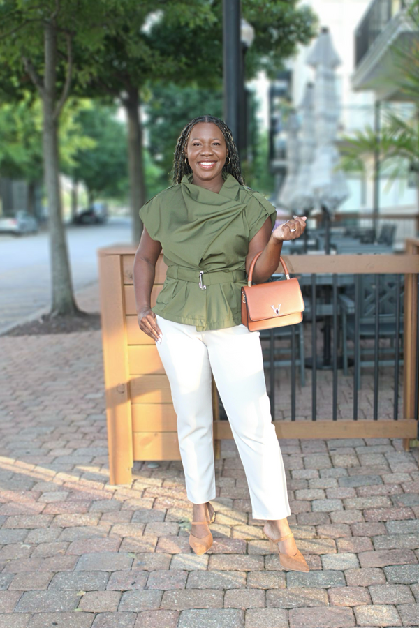 Power Moves Draped Sleeveless Top with Waist Belt, Olive