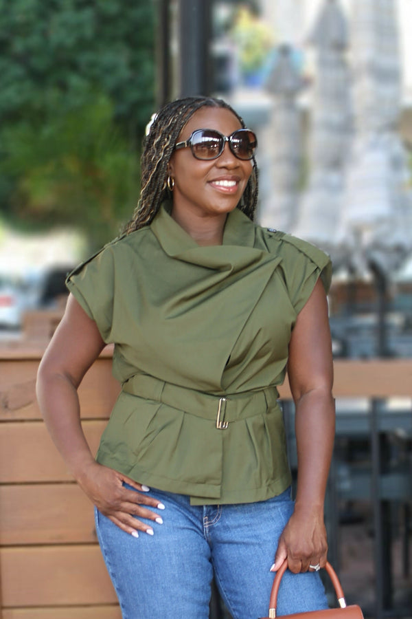 Power Moves Draped Sleeveless Top with Waist Belt, Olive