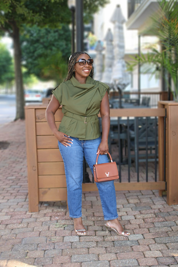 Power Moves Draped Sleeveless Top with Waist Belt, Olive