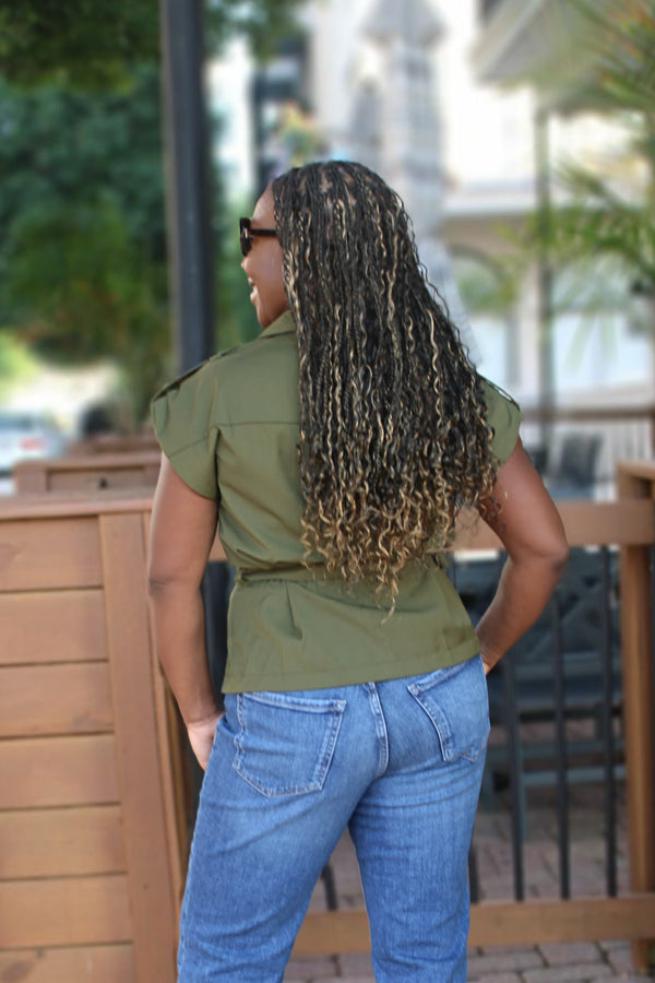 Power Moves Draped Sleeveless Top with Waist Belt, Olive