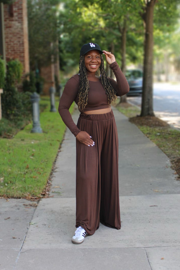 Places To Be Long Sleeve Top & Wide Leg Pants Set, Black & Espresso