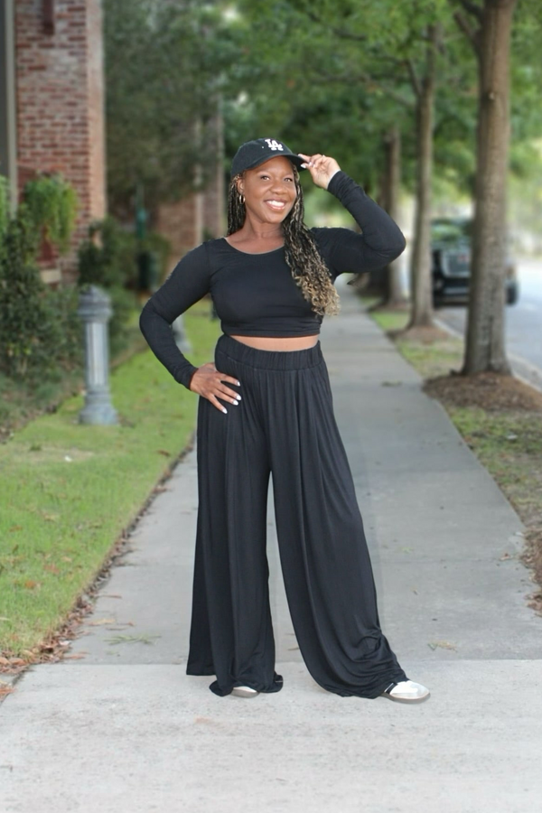 Places To Be Long Sleeve Top & Wide Leg Pants Set, Black & Espresso