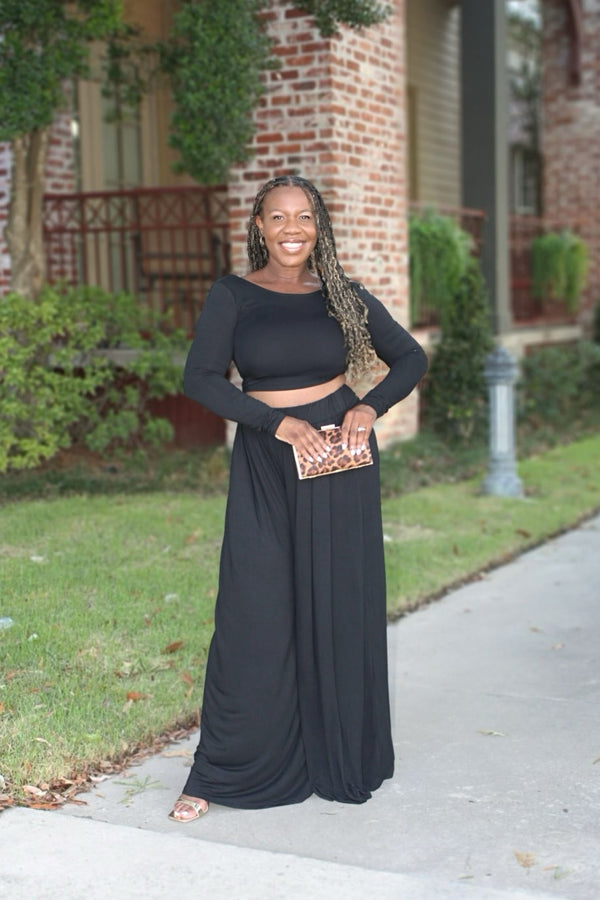 Places To Be Long Sleeve Top & Wide Leg Pants Set, Black & Espresso